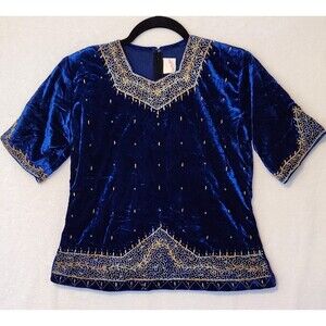 Vintage Royal Blue Women's S-M Velvet Top Indian Zardozi Embroidery Panchratna